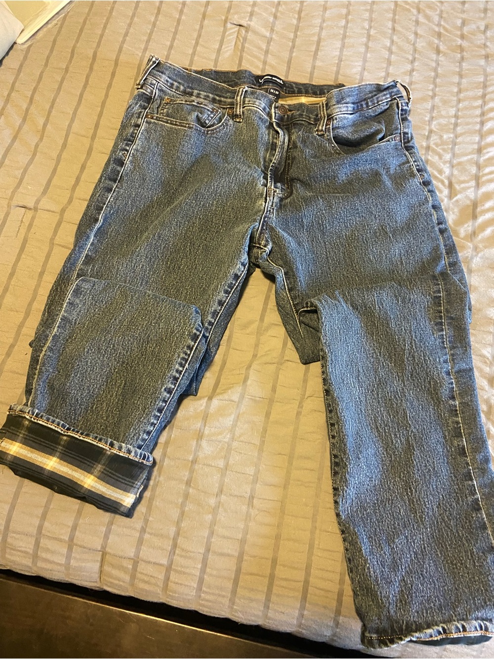 Lands' End Men's Relaxed Fit Denim Jeans with Cuffed Plaid Lining